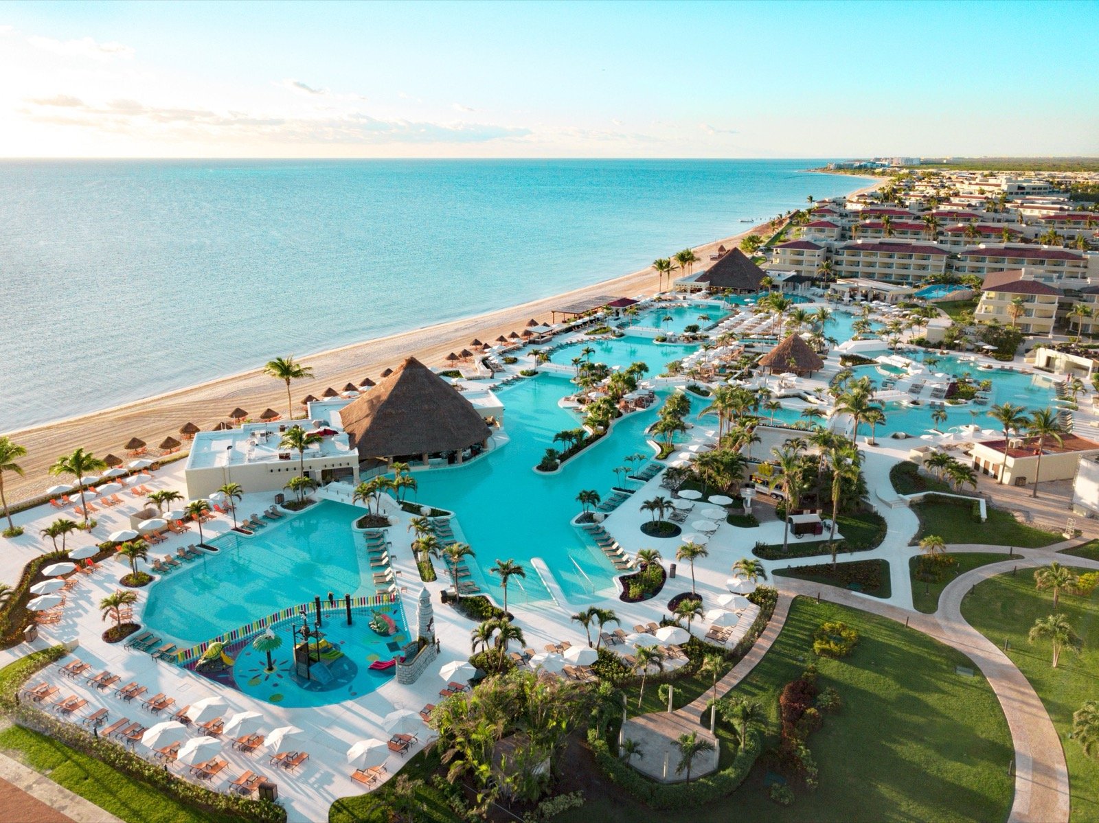 Aerial view of a Palace resort with pools and beach